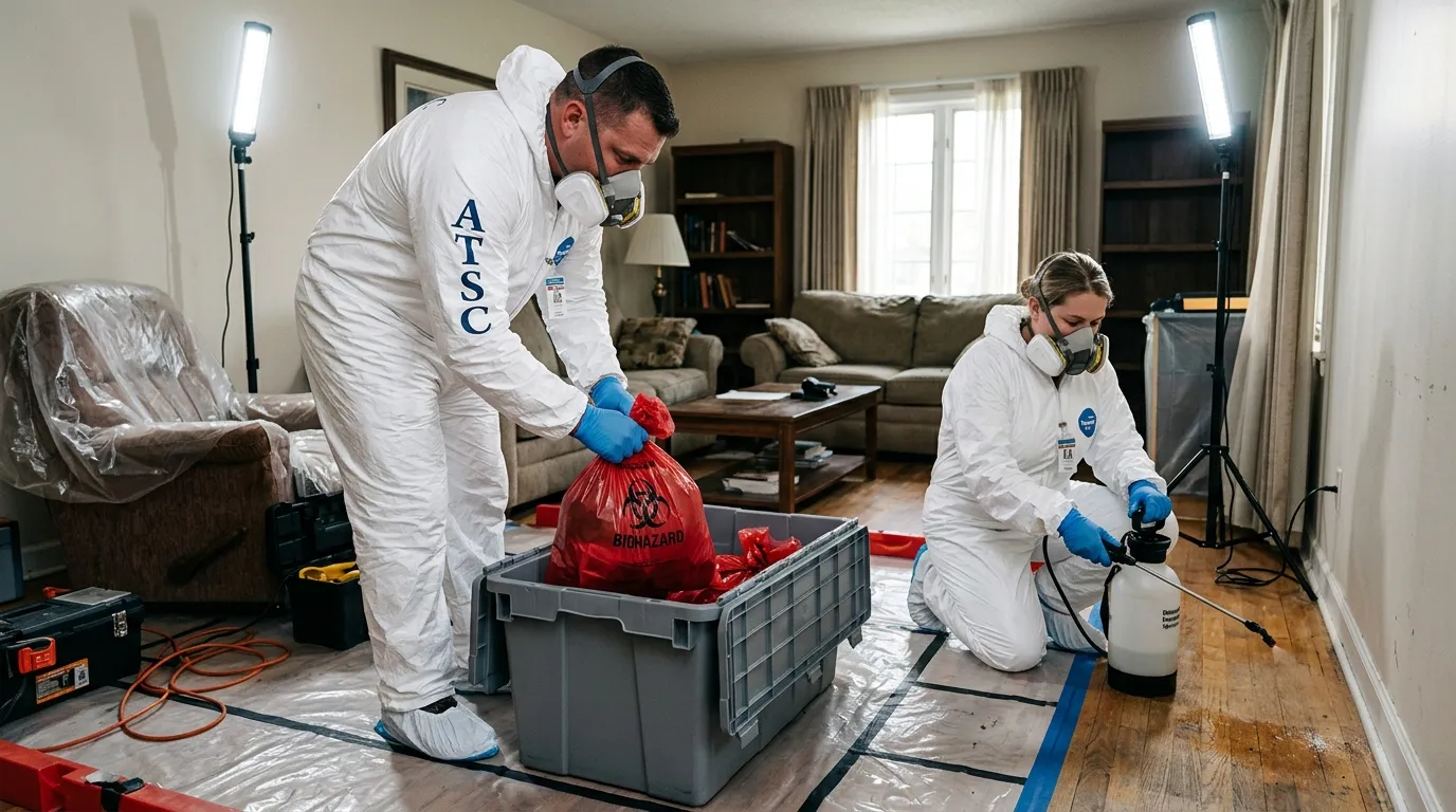Professional Hoarding Cleanup technician in full PPE working in Maryville